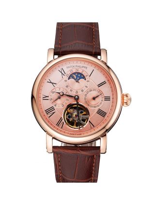 Patek Philippe Grand Complications Moonphase Perpetual Calendar Tourbillon Rose Gold Case And Dial Brown Leather Strap