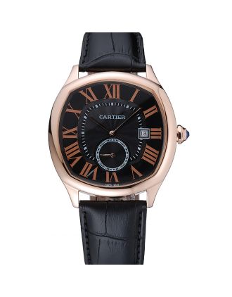 Cartier Drive De Cartier Black Dial Gold Case Black Leather Bracelet 1454214