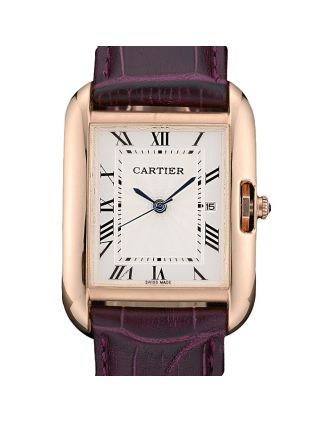 Cartier Tank Anglaise 30mm White Dial Gold Case Purple Leather Bracelet