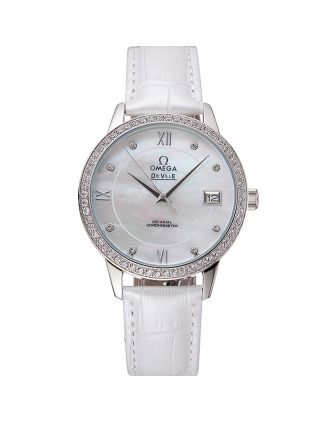 Omega DeVille Prestige Co-Axial Diamond Silver Case Mother-Of-Pearl Dial White Leather Strap