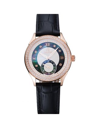 Omega DeVille Prestige Black Dial Gold Diamond Case Black Leather Bracelet 1454123