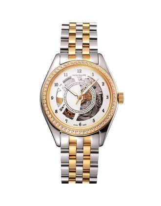 Swiss Patek Philippe Calatrava Openworked Stainless Steel Case Gold Bezel Two Tone Bracelet