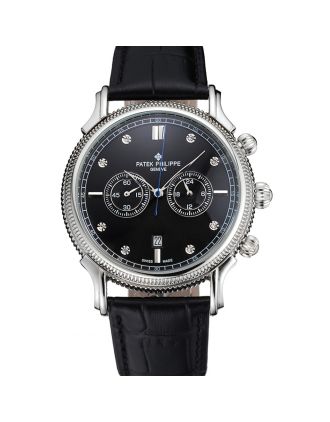 Patek Philippe Chronograph Black Dial With Diamonds Stainless Steel Case Black Leather Strap