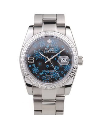 Rolex Datejust Polished Stainless Steel Dark Blue Flowers Dial Diamond Plated