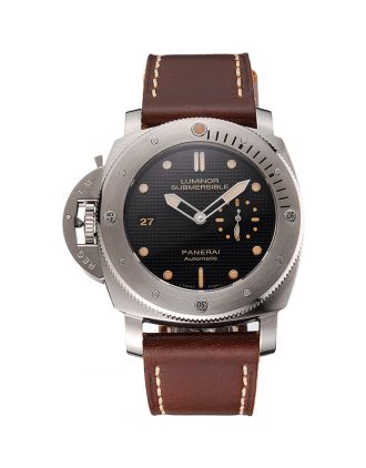 Swiss Panerai Submersible Left Handed Black Embossed Case Stainless Steel Case Brown Leather Strap