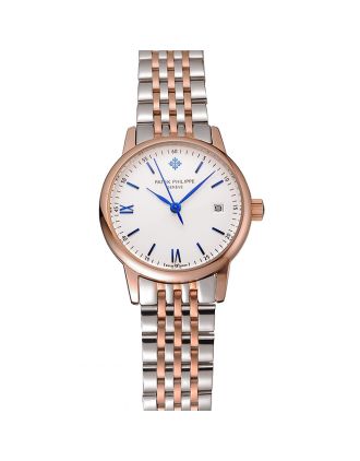 Patek Philippe Calatrava Ladies White Dial Blue Numerals Rose Gold Case Two Tone Bracelet 1453830