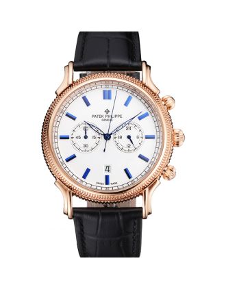 Patek Philippe Chronograph White Dial Blue Markings Rose Gold Case Black Leather Strap