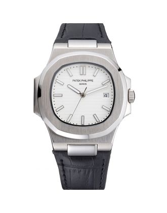 Patek Philippe Nautilus White Dial Brushed Stainless Steel Case Black Leather Strap