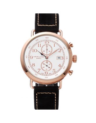 Hamilton Navy Pioneer Chrono White Dial Rose Gold Case Black Leather Strap
