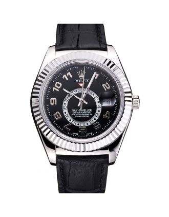 Rolex Sky Dweller Black Dial Stainless Steel Case Black Leather Strap