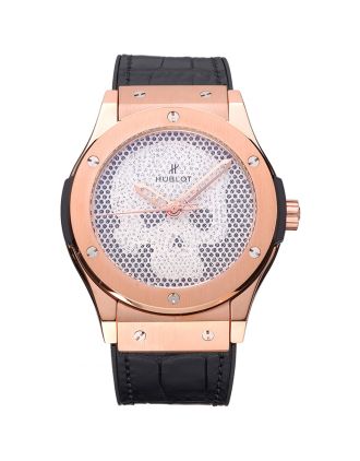 Hublot Classic Fusion Diamond Skull Dial Gold Case Black Leather Strap 622816