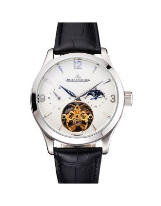 Jaeger LeCoultre Master Moonphase Tourbillon White Dial Stainless Steel Case Black Leather Strap