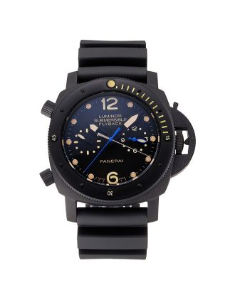 Panerai Luminor Submersible Flyback GMT Black Dial Yellow Markings Black Ionized Case Black Rubber Strap