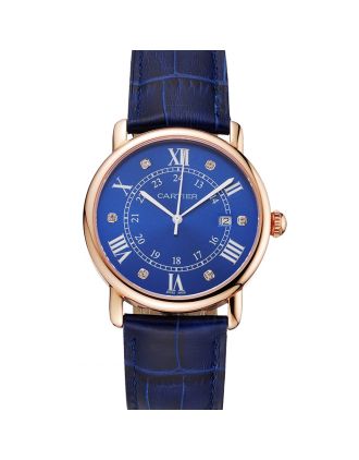 Cartier Ronde Solo Blue Dial Diamond Hour Marks Rose Gold Case Blue Leather Strap