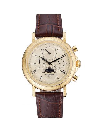 Patek Philippe Grand Complications Gold Dial Engraved Gold Case Brown Leather Bracelet 1454141