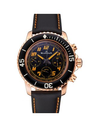 Swiss Blancpain Fifty Fathoms Flyback Chronograp Carbon Fiber Dial Rose Gold Case Black Leather Strap