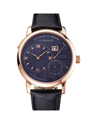 A. Lange & Sohne Lange 1 Blue Dial Rose Gold Case Black Leather Strap