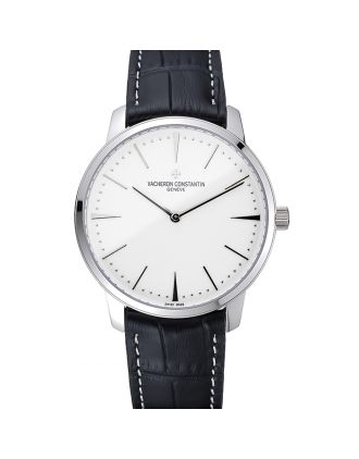 Swiss Vacheron Constantin Patrimony White Dial Silver Case Black Leather Bracelet 1454157