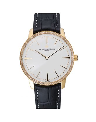 Swiss Vacheron Constantin Patrimony Grand Taille White Dial Gold Diamond Case Black Leather Bracelet 1454181