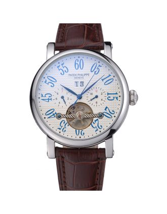 Patek Philippe Grand Complications Stainless Steel Case White Dial Roman Numerals Brown Leather Bracelet 622257