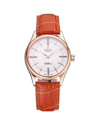 Swiss Rolex Cellini White Dial Roman Numerals Rose Gold Case Light Brown Leather Strap