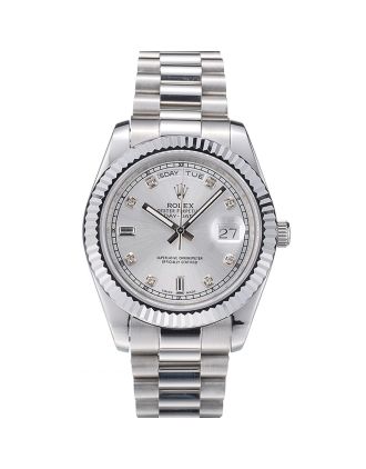 Rolex Swiss DayDate Stainless Steel Ribbed Bezel Silver Dial 41995