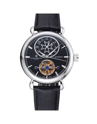 Vacheron Constantin Traditionnelle Tourbillon Black Dial Silver Case Black Leather Bracelet 1454063