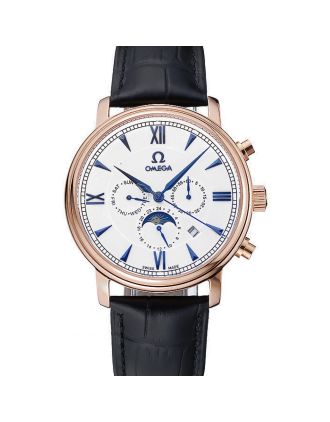 Omega De Ville Moonphase White Dial Rose Gold Case Black Leather Bracelet 1454227