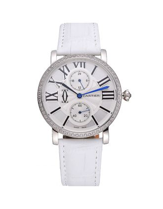 Cartier Ronde Second Time Zone White Dial Stainless Steel Case With Diamonds White Leather Strap 622803