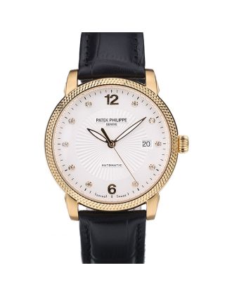 Patek Philippe Swiss Calatrava Ribbed Bezel White Dial Black Leather Strap 7642