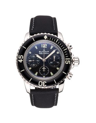 Swiss Blancpain Fifty Fathoms Flyback Chronograph Black Dial Black Bezel Stainless Steel Case Black Canvas Strap