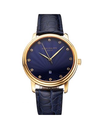 Patek Philippe Calatrava Date Blue Guilloche Dial Gold Case Blue Leather Strap