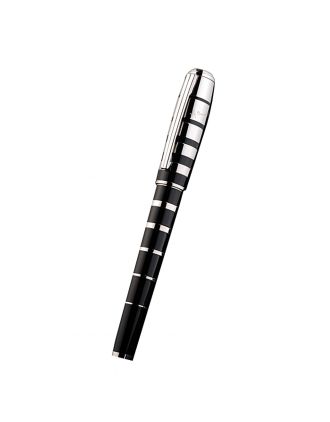MontBlanc Silver Ring Pattern Black Enamel Ballpoint Pen With MB Engraved Cap