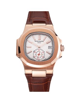 Patek Philippe Nautilus White Dial Rose Gold Case Brown Leather Strap