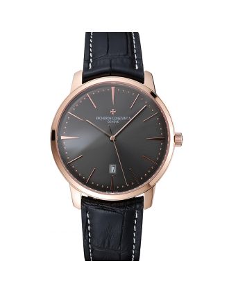 Swiss Vacheron Constantin Patrimony Grey Dial Rose Gold Case Black Leather Bracelet 1454167