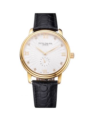 Patek Philippe Calatrava White Embossed Dial Gold Case Black Leather Strap