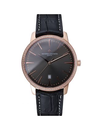 Swiss Vacheron Constantin Patrimony Grey Dial Gold Diamonds Case Black Leather Bracelet 1454173