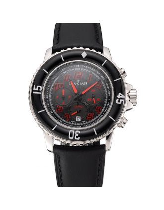 Blancpain Fifty Fathoms Speed Command Carbon Fiber Dial With Red Markings Stainless Steel Case Black Leather Strap 1453774