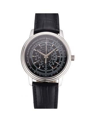 Swiss Patek Philippe Multi-Scale Chronograph Black Dial Stainless Steel Case Black Leather Strap