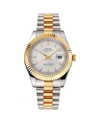 Swiss Rolex Datejust White Dial Gold Bezel Stainless Steel Case Two Tone Gold Bracelet