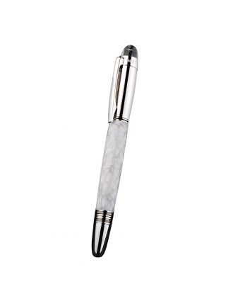MontBlanc Slim Silver Rim White Enamel Ballpoint Pen With MB Engraved Silver Cap