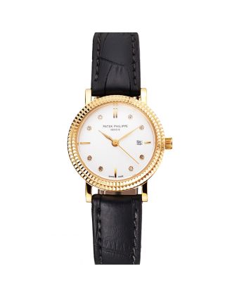 Patek Philippe Calatrava White Dial Diamond Hour Marks Double Ribbed Bezel Gold Case Black Leather Strap
