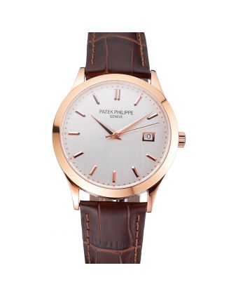 Swiss Patek Philippe Calatrava White Dial Rose Gold Case Brown Leather Strap